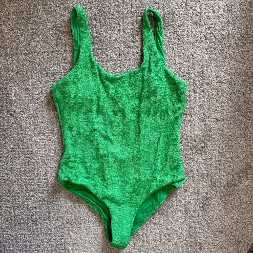 It's Now Cool Clover Green Crinkle Low Back One Piece Swimsuit Large Retro - Picture 2 of 10